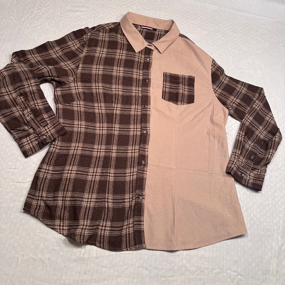 Tommy‎ Hilfiger Brown Plaid and tan flannel Button-Up ladies Shirt Size L - Picture 1 of 9